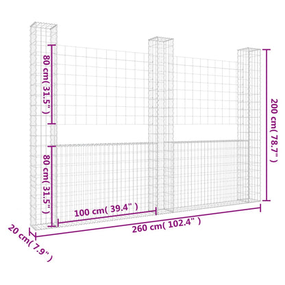 Cesta De Gaviones Forma De U 3 Postes De Hierro 260x20x200 Cm / Vetonek_0