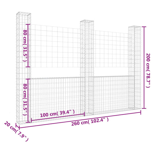 Cesta De Gaviones Forma De U 3 Postes De Hierro 260x20x200 Cm / Vetonek_0