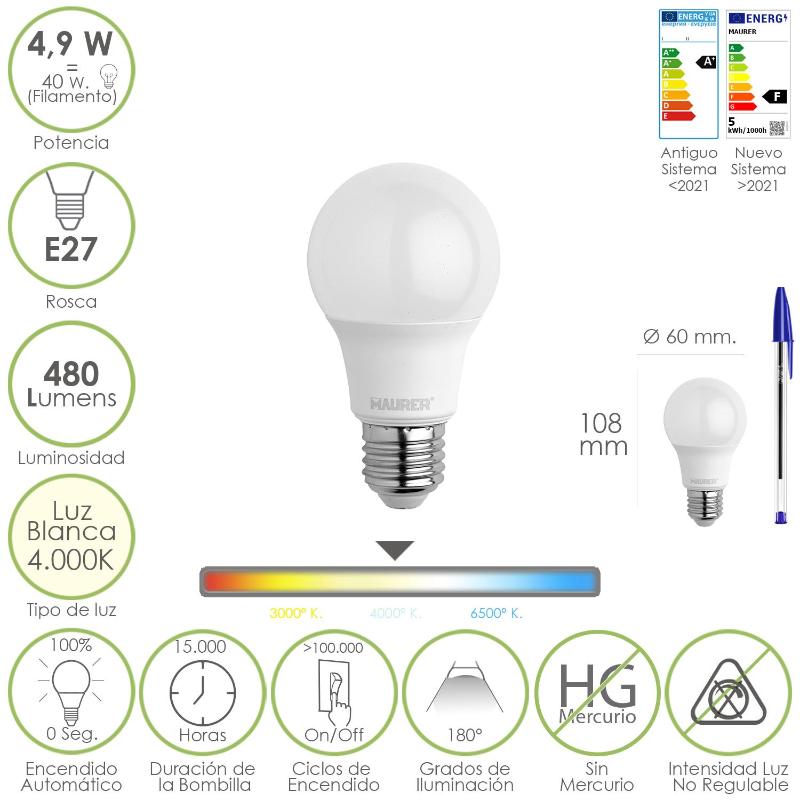Bombilla Led Estandar Rosca E27. 4.9 Watt. Equivale A 40 Watt. 480 Lumenes. Luz Blanca (4000º K.)_0