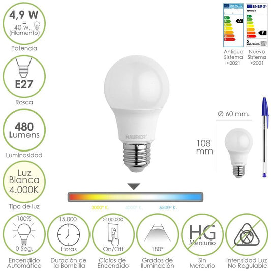 Bombilla Led Estandar Rosca E27. 4.9 Watt. Equivale A 40 Watt. 480 Lumenes. Luz Blanca (4000º K.)_0