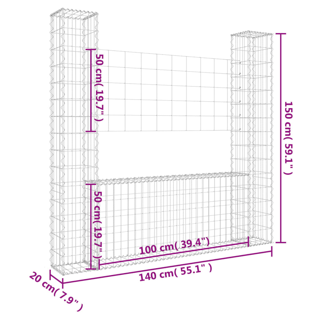 Cesta De Gaviones Forma De U 2 Postes De Hierro 140x20x150 Cm / Vetonek_3