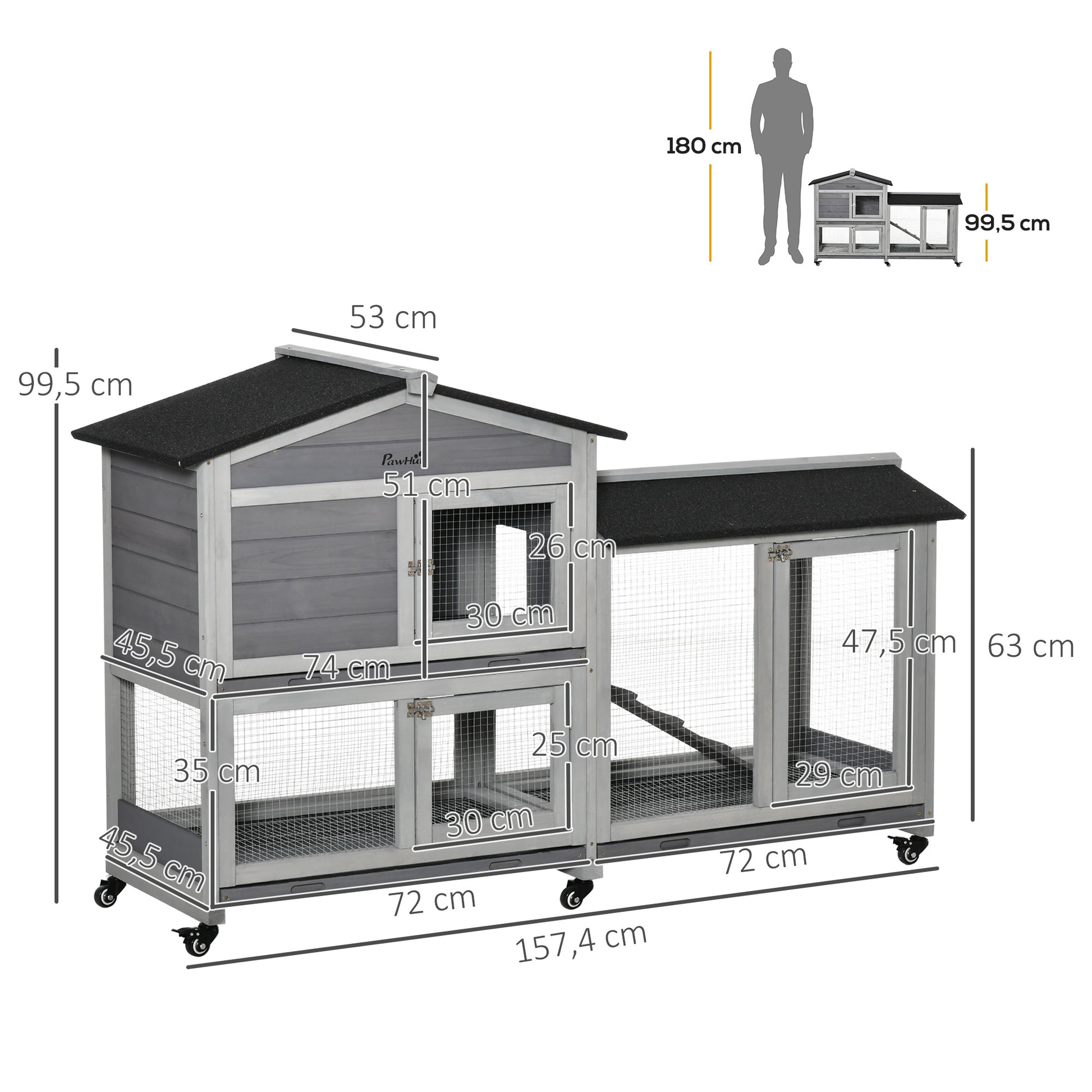 Pawhut Conejera De Madera 157,4x53x99,5 Cm Con Ruedas Techo Asfáltico Gris_2