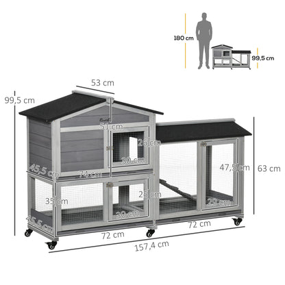 Pawhut Conejera De Madera 157,4x53x99,5 Cm Con Ruedas Techo Asfáltico Gris_2