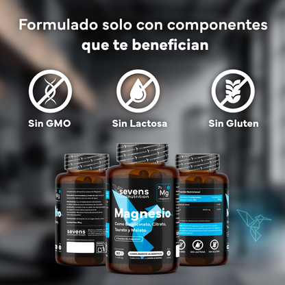 Magnesio (bisglicinato, Citrato, Taurato Y Malato). Sevens Nutrition. Energía, Rendimiento Y Descanso