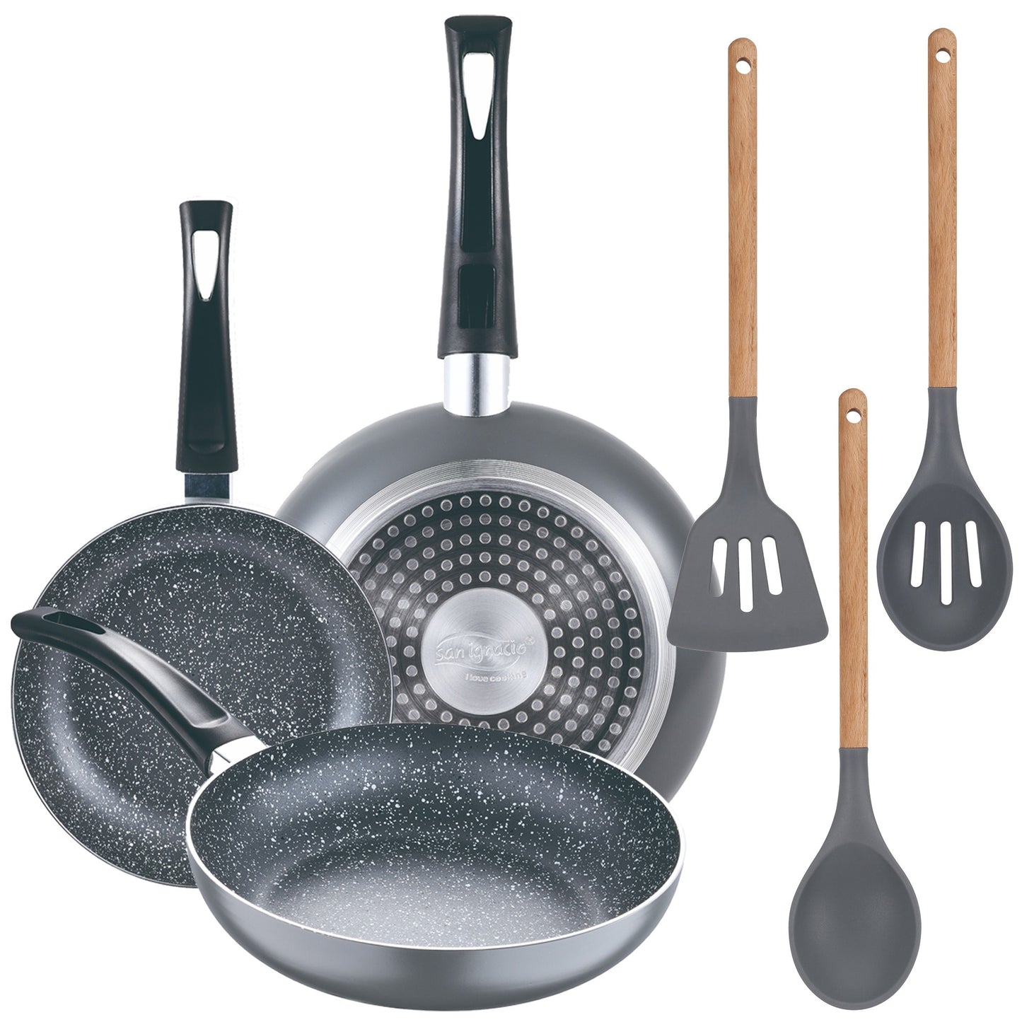 Set 3pc Sarten (16+20+24cm) Aluminio Prensado, Inducción, Negra Soul Marble Con Set 3pc Utensilios De Cocina Silicona Madera_0
