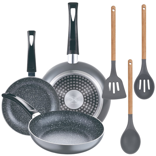 Set 3pc Sarten (16+20+24cm) Aluminio Prensado, Inducción, Negra Soul Marble Con Set 3pc Utensilios De Cocina Silicona Madera_0