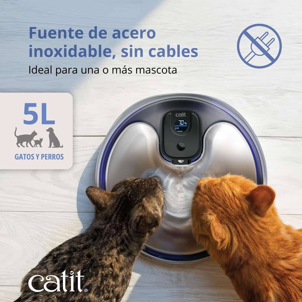 Fuente para Gatos Sin Cables de Acero Inoxidable UVC 5L Catit PIXI