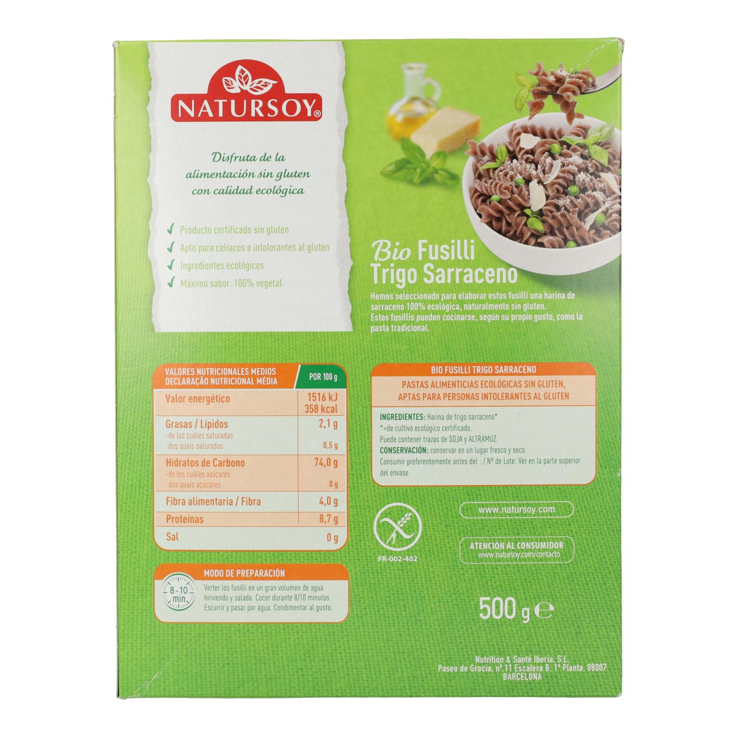 Fusilli Trigo Sarraceno Sin gluten, 500 g. Natursoy