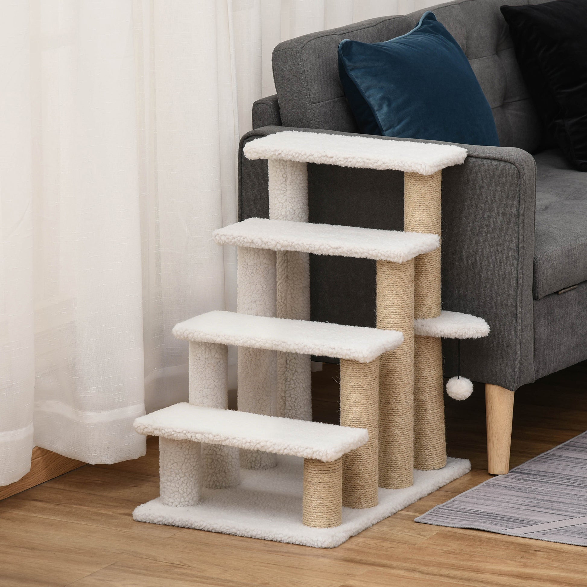 Pawhut Escalera Para Gatos 4 Niveles De Suave Felpa 60x40x64 Cm Blanco_1