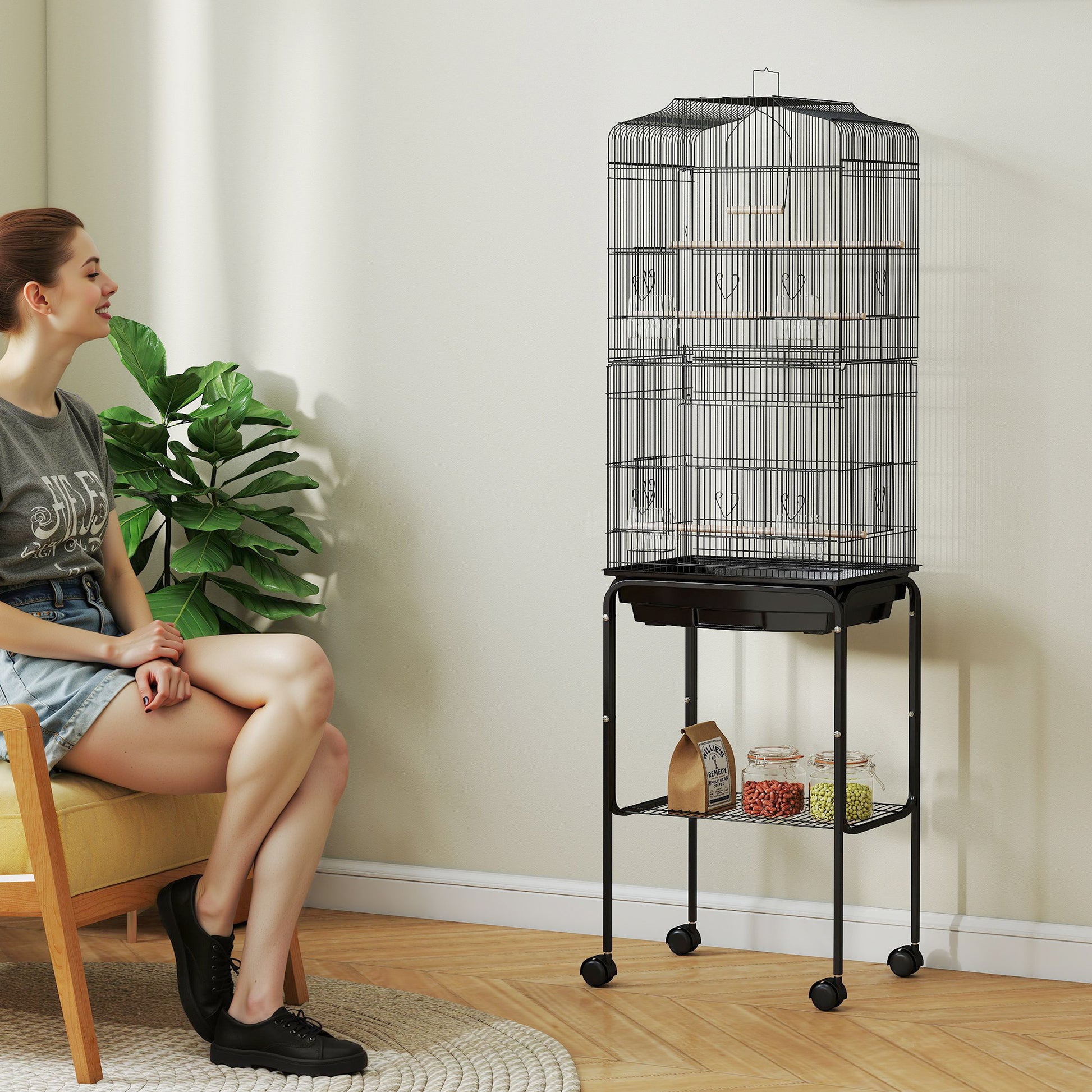 Pawhut Jaula Para Pájaros Con Soporte 4 Ruedas Y Comederos 46,5x36x157 Cm Negro_1