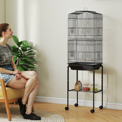 Pawhut Jaula Para Pájaros Con Soporte 4 Ruedas Y Comederos 46,5x36x157 Cm Negro_1