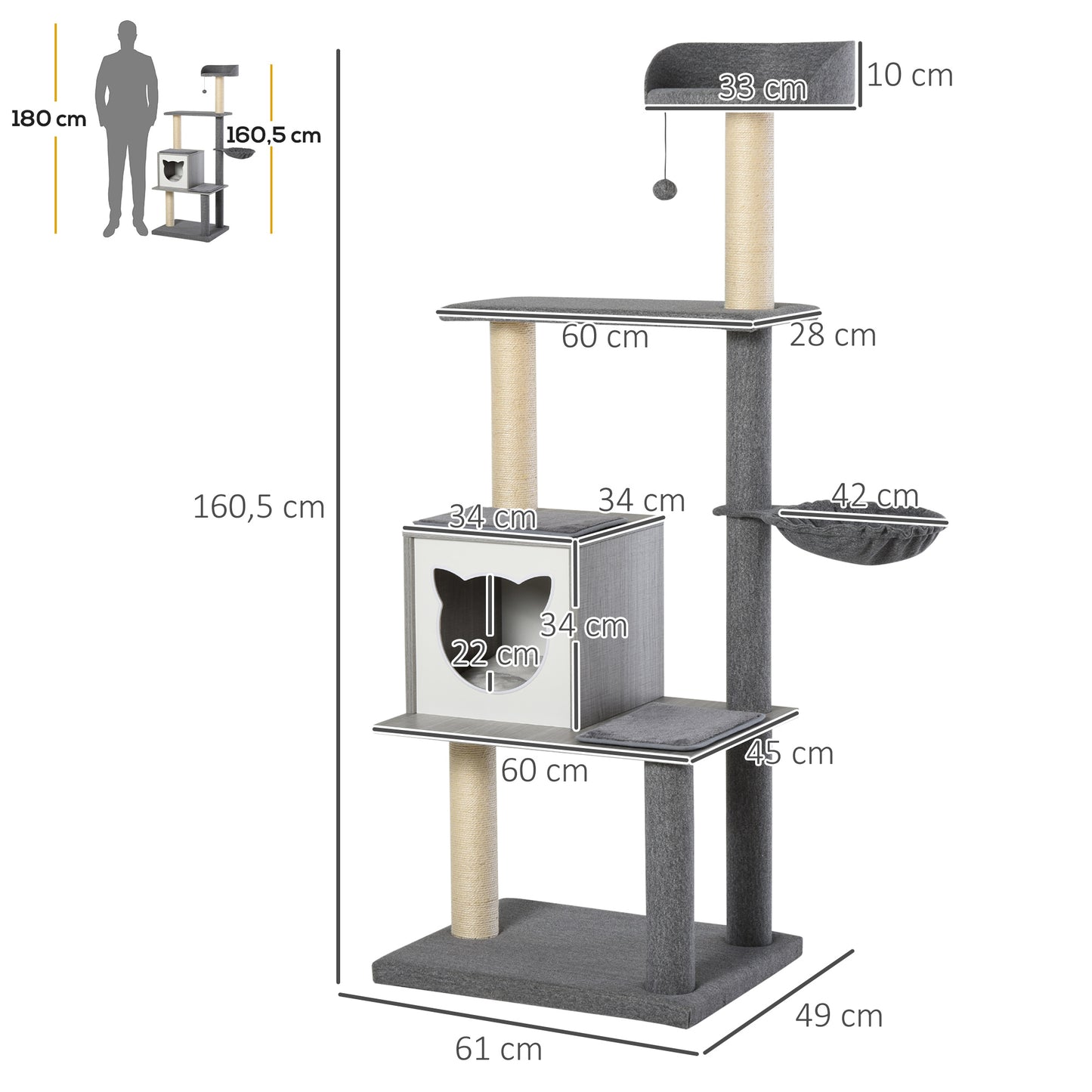 Pawhut Árbol Rascador Para Gatos Grande 61x49x160,5 Cm Múltiples Niveles Cueva_2