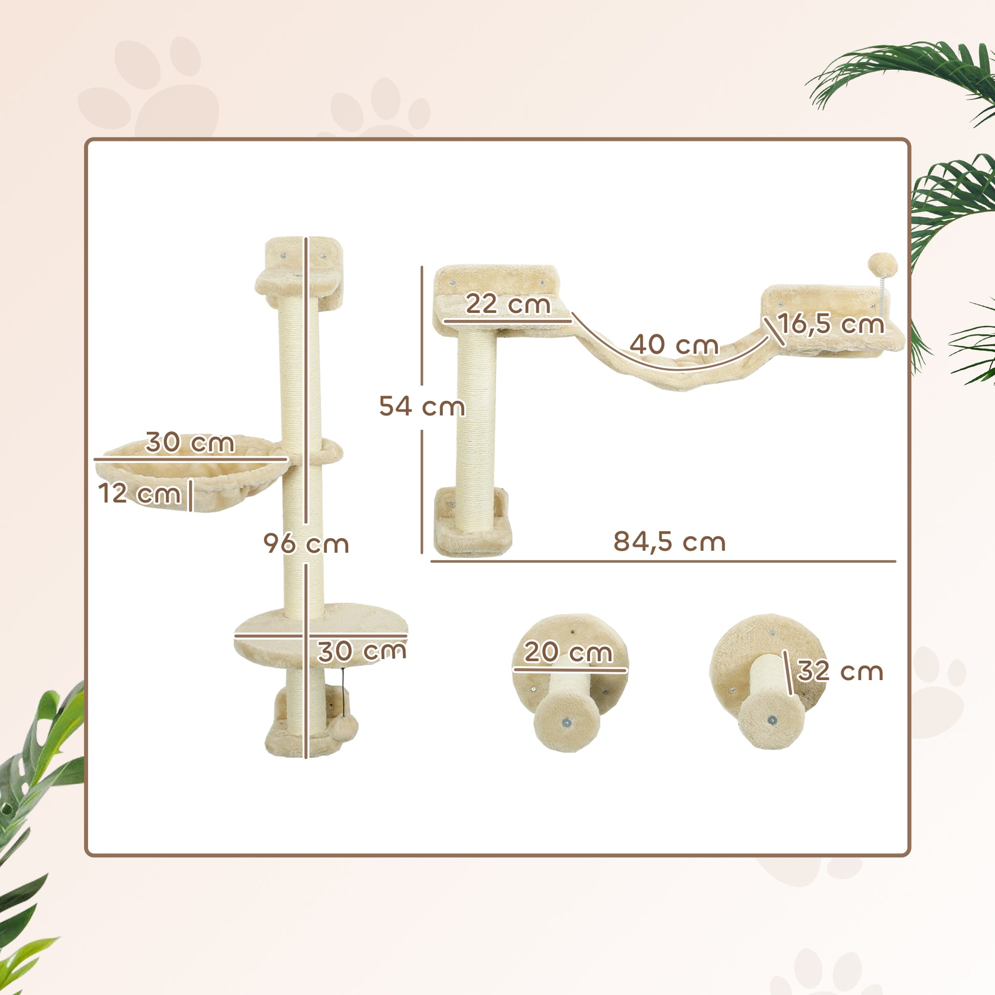 Pawhut Estante De Escalada Para Gatos De Pared Con Hamaca Bola Beige_2