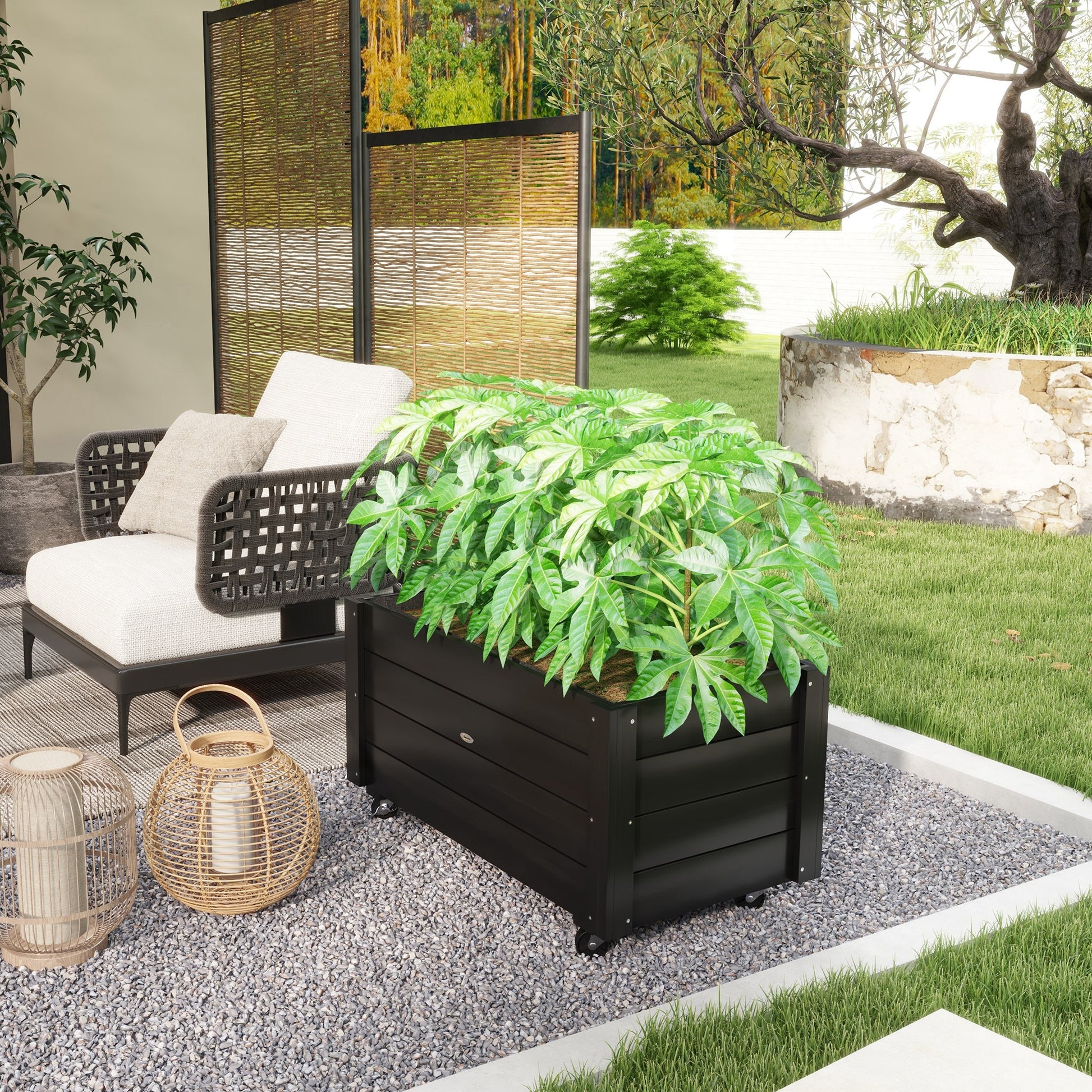 Outsunny Jardinera De Madera Con Ruedas Tela No Tejida 89x48x47 Cm Negro_3
