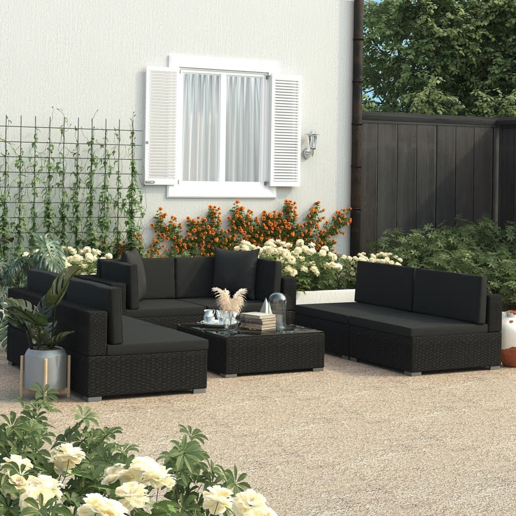 Vidaxl Set De Muebles De Jardín Y Cojines 7 Pzas Ratán Sintético Negro_1