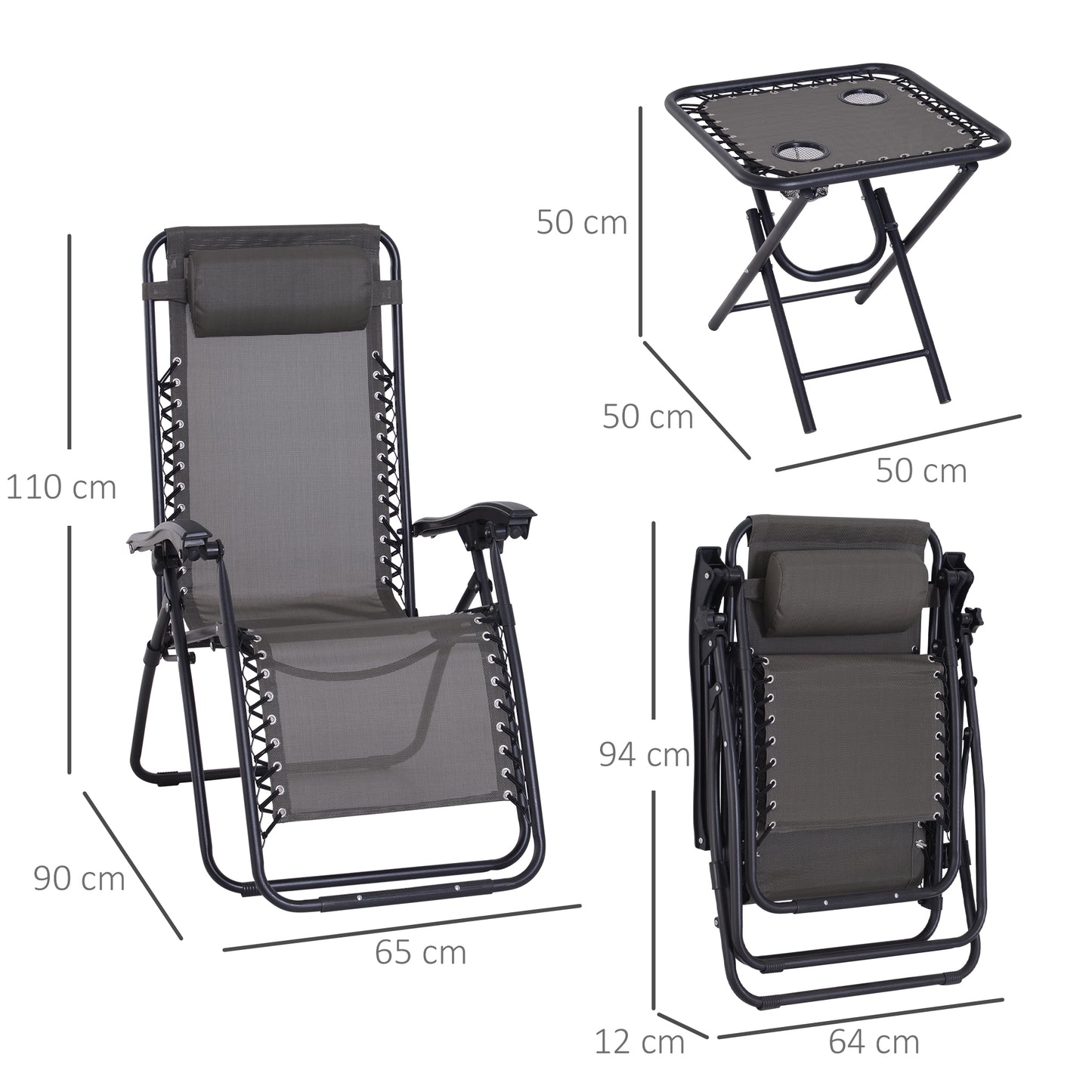Outsunny 2 Sillas De Gravedad Cero Plegables Mesa Auxiliar Con Portavasos Gris_2