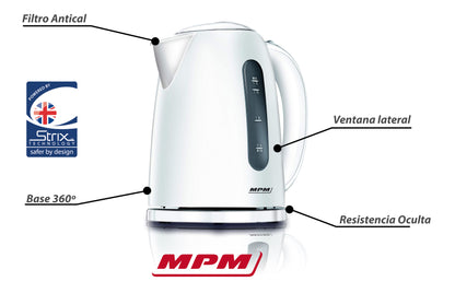 Hervidor Agua Eléctrico, 1,7l, Sin Bpa, Resistencia Oculta, Inalámbrico, Apagado Automático Mpm Mcz-85, 2200w