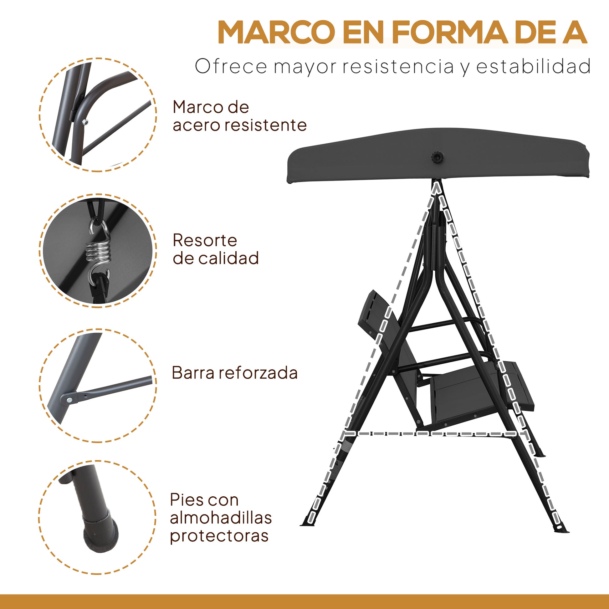 Outsunny Columpio De Jardín Exterior De 3 Plazas Con Toldo Reclinable_3