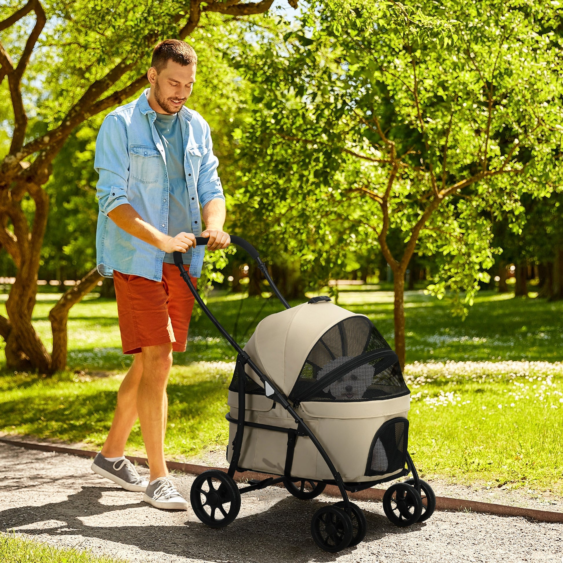 Pawhut Carrito Para Perros 2 En 1 Plegable Con Correas De Seguridad Caqui_1