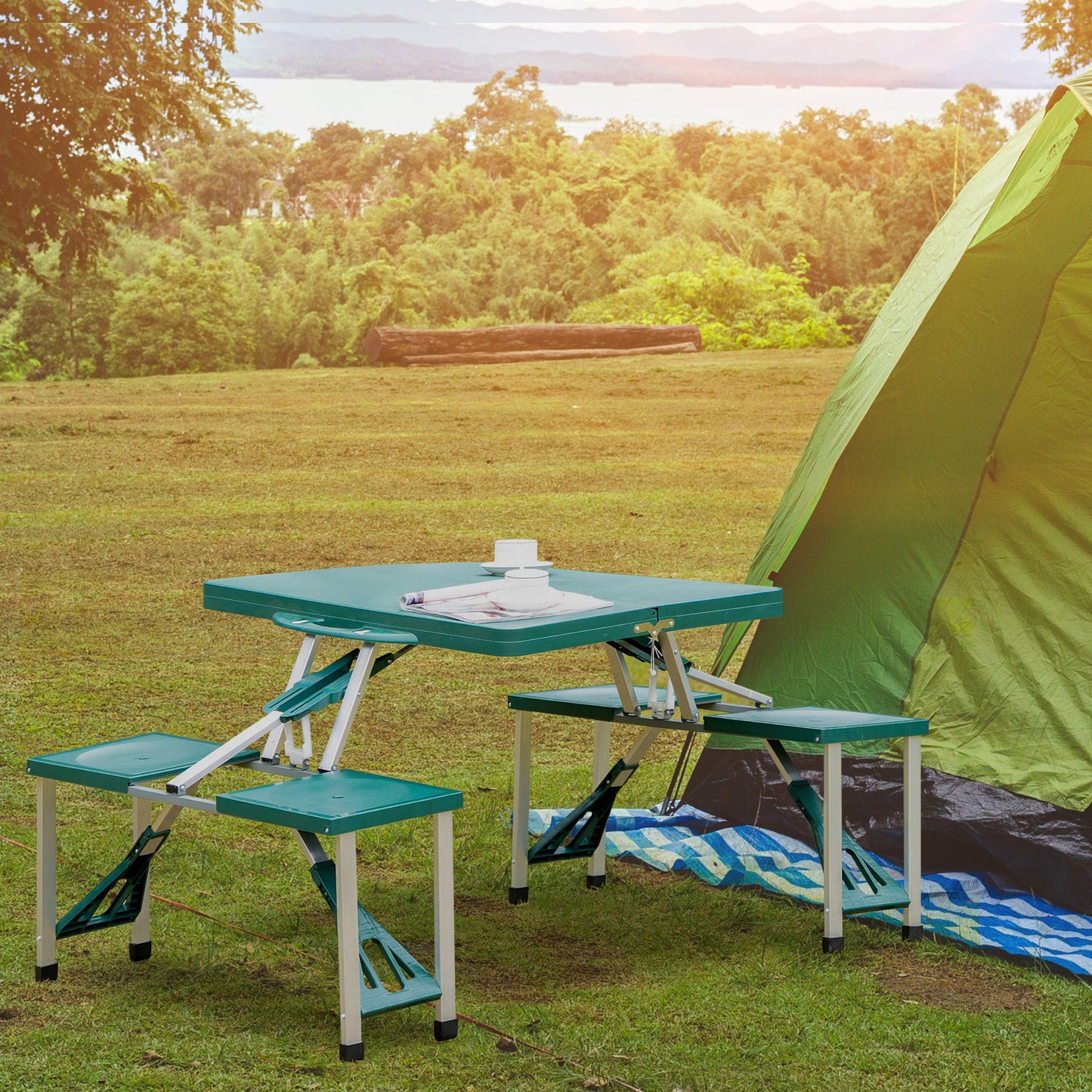Outsunny Mesa Plegable De Camping Con 4 Asientos Agujero Para Sombrilla Picnic_1