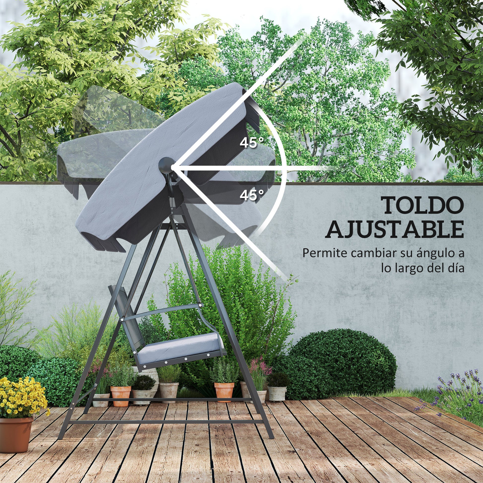 Outsunny Columpio De Jardín De 3 Plazas Con Toldo Ajustable Y Cojín Gris_3
