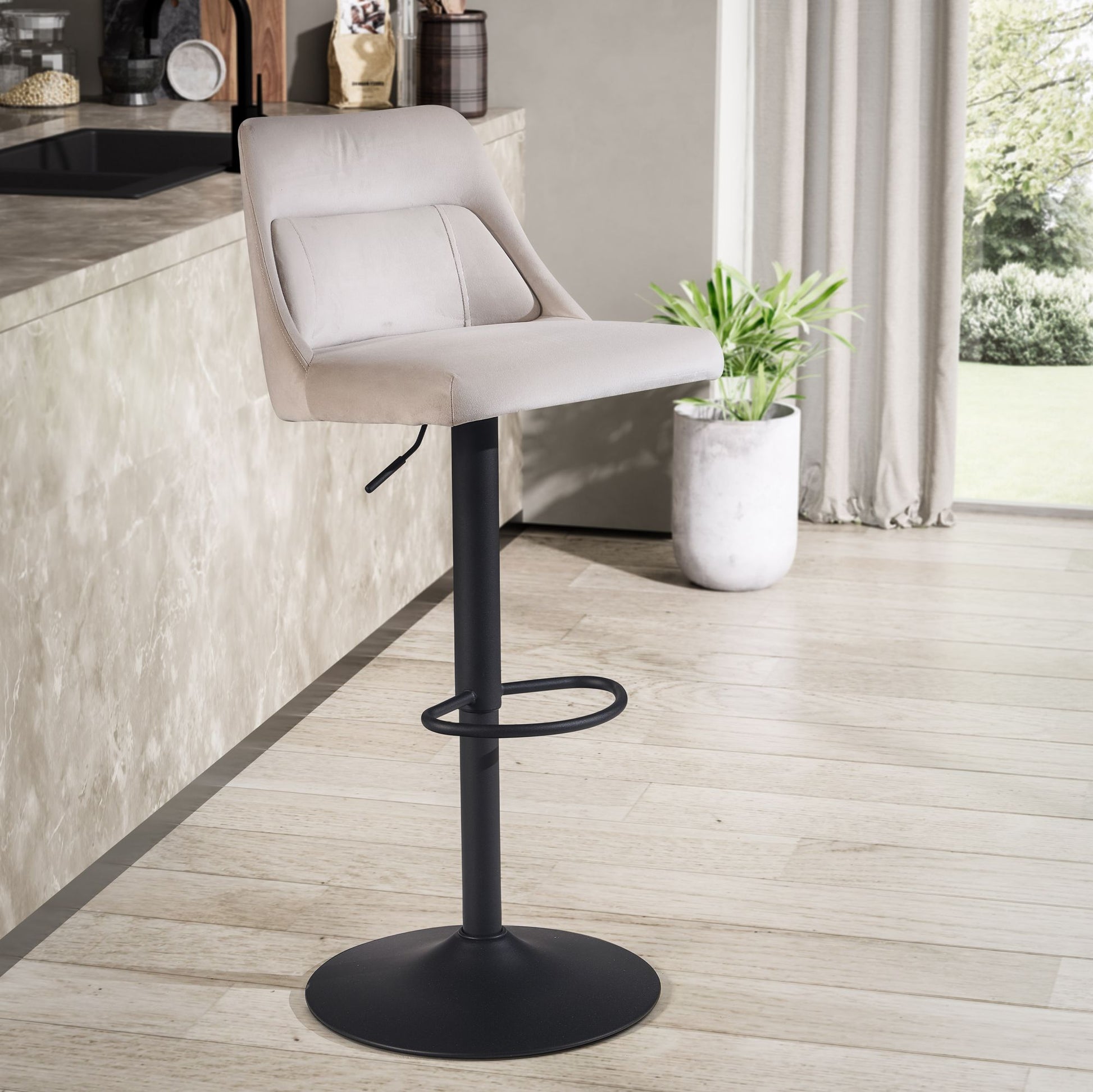 Taburete De Bar, Terciopelo Beige Con Respaldo 86 - 106 Cm_1