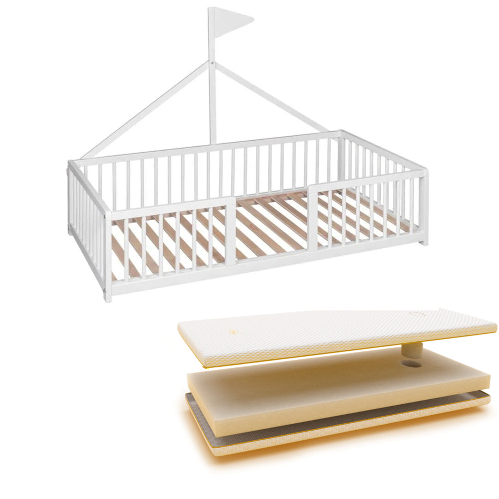 Cama Montessori Apache 140×70 Cm De Madera De Haya Con Colchón Sanitario Ternum, Color Blanco_0