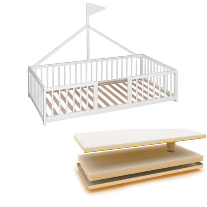 Cama Montessori Apache 140×70 Cm De Madera De Haya Con Colchón Sanitario Ternum, Color Blanco_0