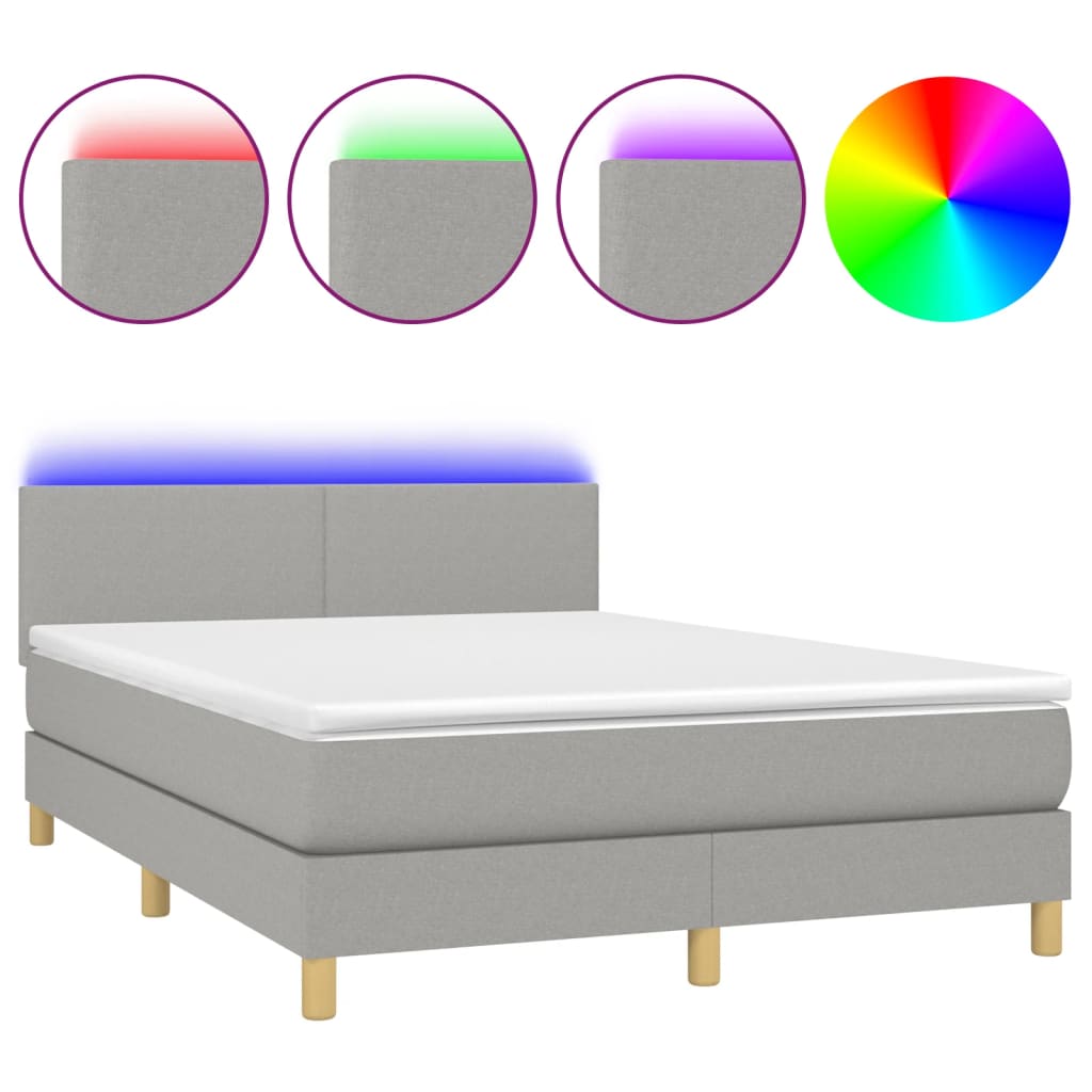 Cama Box Spring Colchón Y Luces Led Tela Gris Claro 140x200 Cm / Vetonek_0