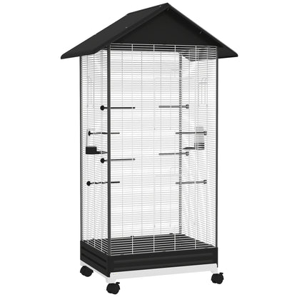 Pawhut Jaula Para Pájaros Con Ruedas Bandeja Extraíble 79x65x155 Cm Negro_0