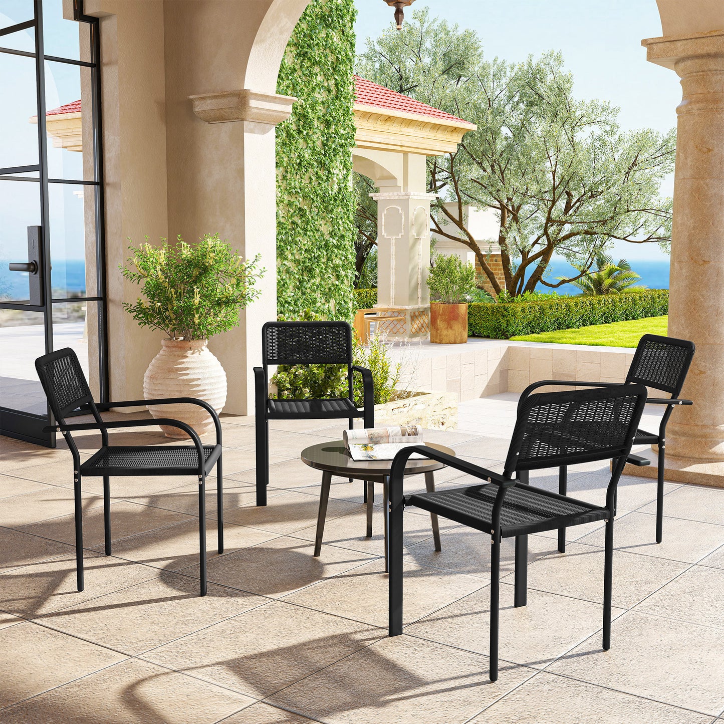 Outsunny Juego De 4 Sillas De Jardín Exterior Apilables 55x60x83 Cm Negro_1