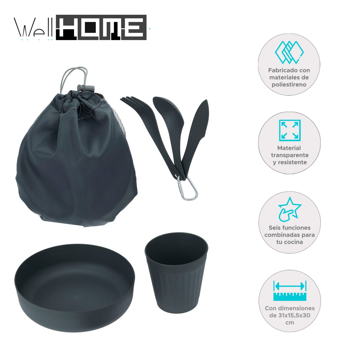 Well Home Juego De 6 Piezas De Camping: Bol 730ml, Taza 330ml, Bolsa De Almacenaje Y 3pcs De Cubiertos En Gancho_1