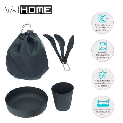 Well Home Juego De 6 Piezas De Camping: Bol 730ml, Taza 330ml, Bolsa De Almacenaje Y 3pcs De Cubiertos En Gancho_1