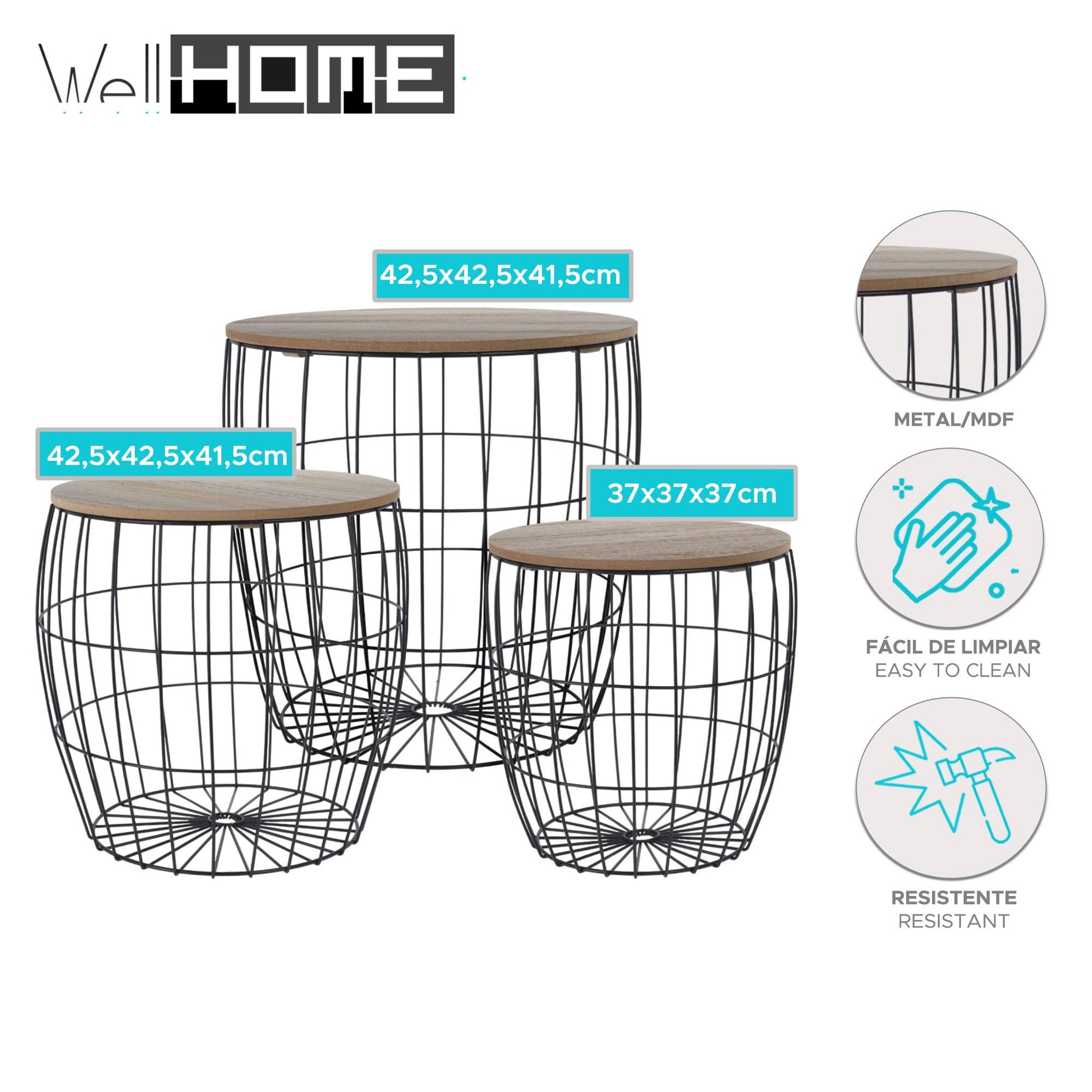 Well Home Juego De 3 Mesas Auxiliares En Metal Y Mdf Ø42,5ø37ø31cm