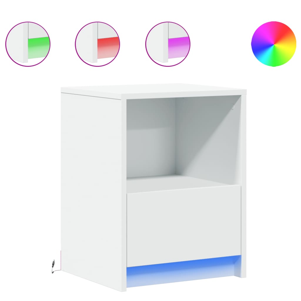 Mesita De Noche Con Luces Led Madera De Ingeniería Blanca_0
