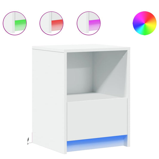 Mesita De Noche Con Luces Led Madera De Ingeniería Blanca_0