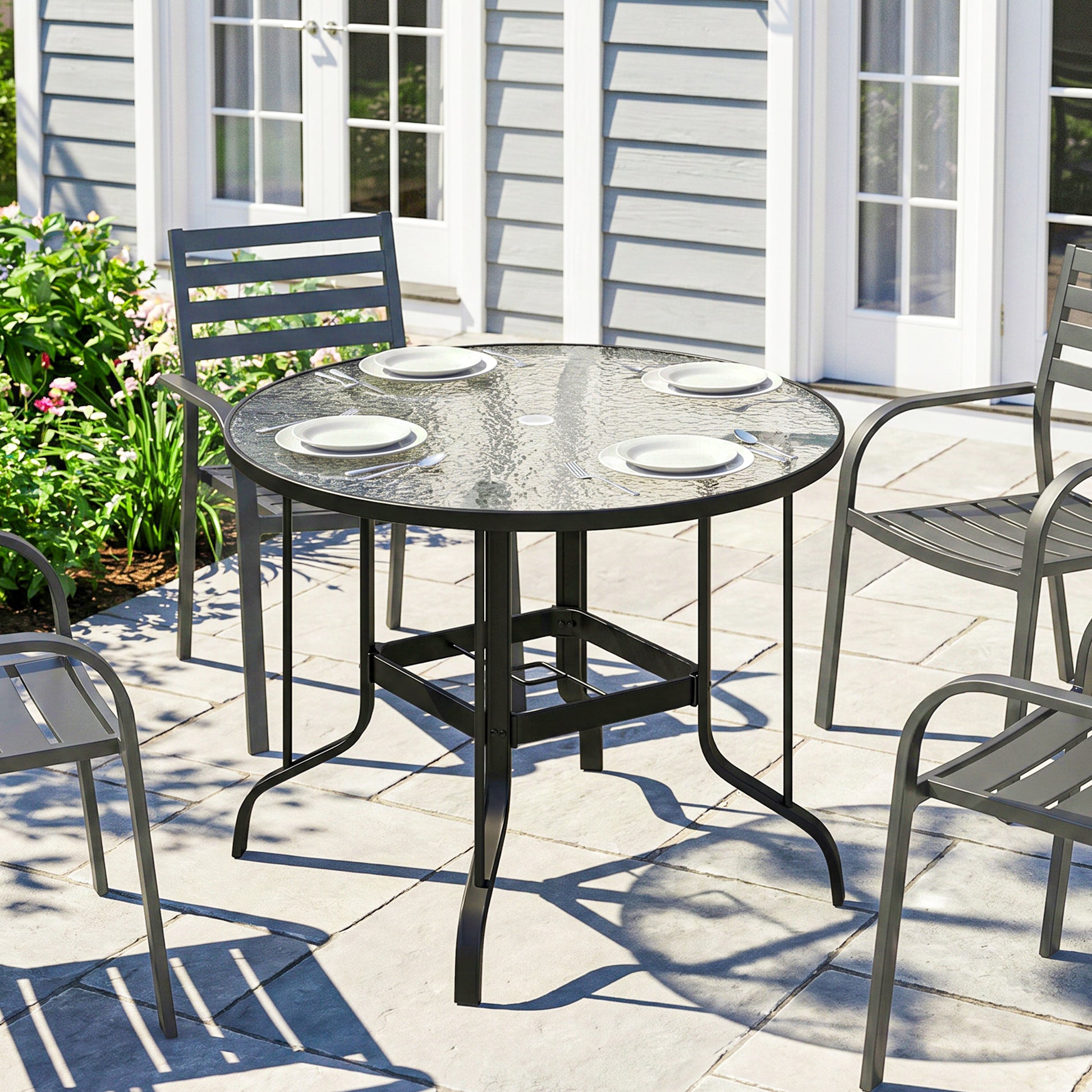 Outsunny Mesa De Jardín Exterior Con Orificio Para Sombrilla Ø96,5x71 Cm Negro_1