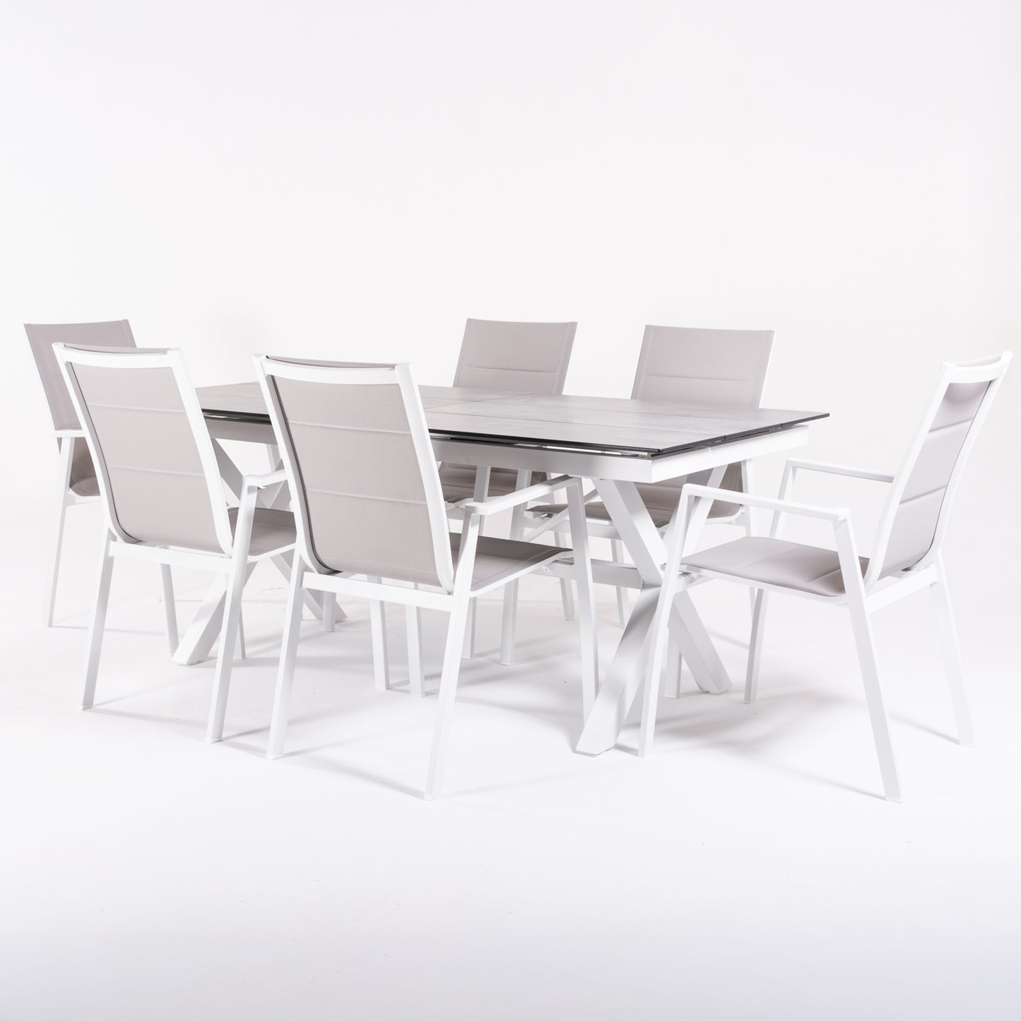 Conjunto De Mesas Y Sillas Acolchadas De Terraza, Mesa Extensible 180 A 240 Cm, Aluminio Y Hpl, Color Blanco_2