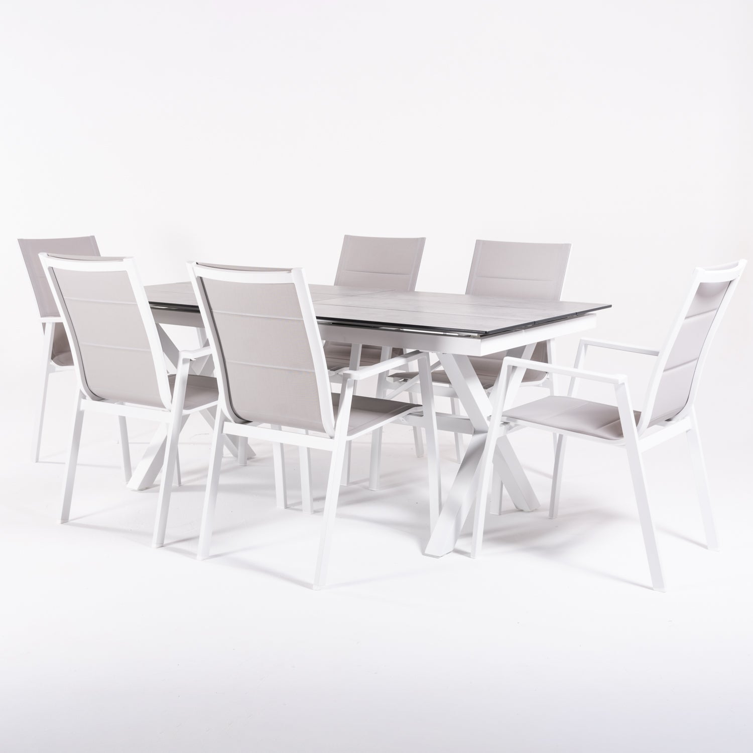 Conjunto De Mesas Y Sillas Acolchadas De Terraza, Mesa Extensible 180 A 240 Cm, Aluminio Y Hpl, Color Blanco_2