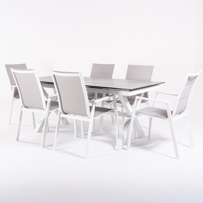 Conjunto De Mesas Y Sillas Acolchadas De Terraza, Mesa Extensible 180 A 240 Cm, Aluminio Y Hpl, Color Blanco_2