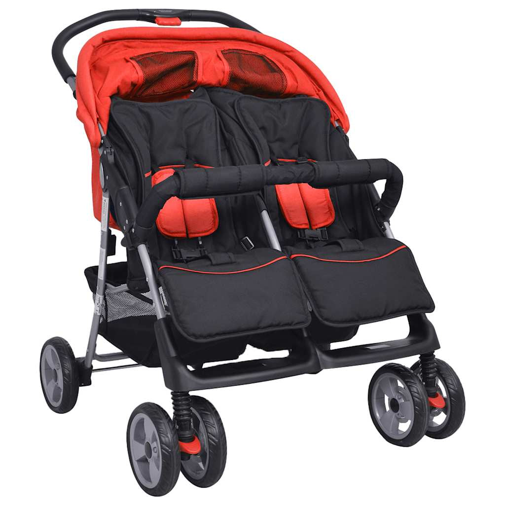 Vidaxl Cochecito Gemelar De Acero Rojo Y Negro_3