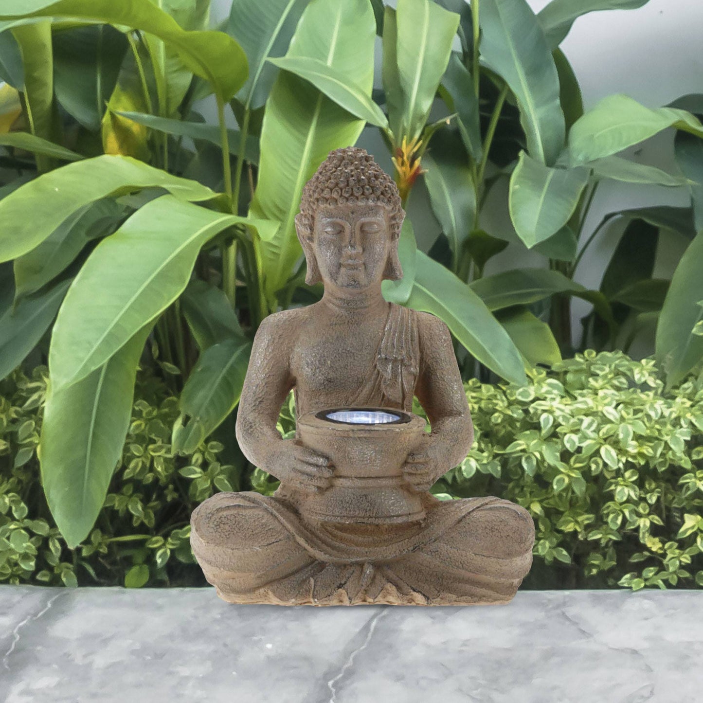 Luz Solar De Buda Polystone Plata Oxidada 21x14x28cm_4