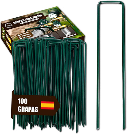 GREEN GOF 100 Grapas Verdes Para Cesped Artificial, Malla Antihierba Y Jardin. Acero Galvanizado, 15x4cm, Ø3mm._0
