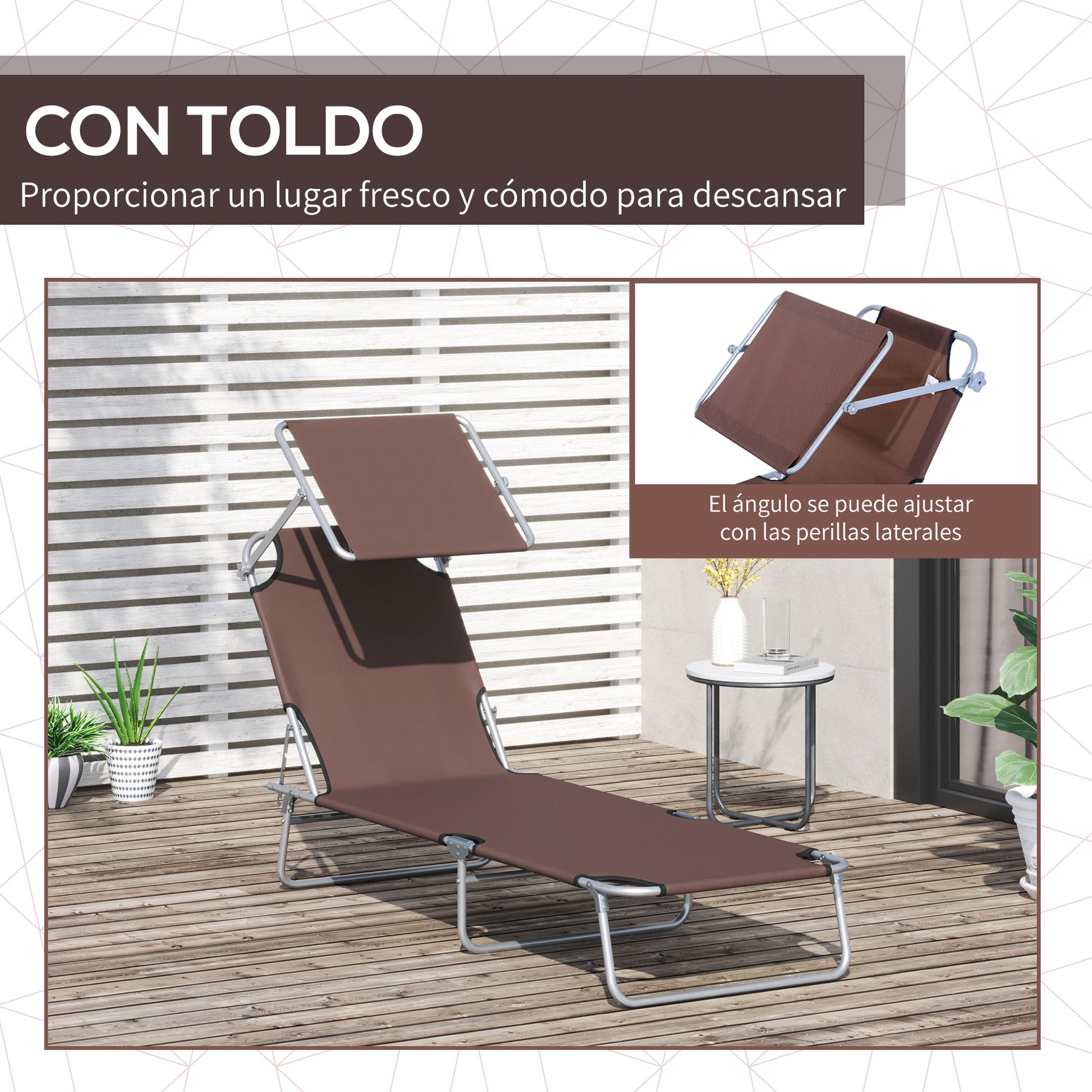 Outsunny Conjunto De 2 Tumbonas Plegables Con Toldo 187x58x36 Cm Marrón_5