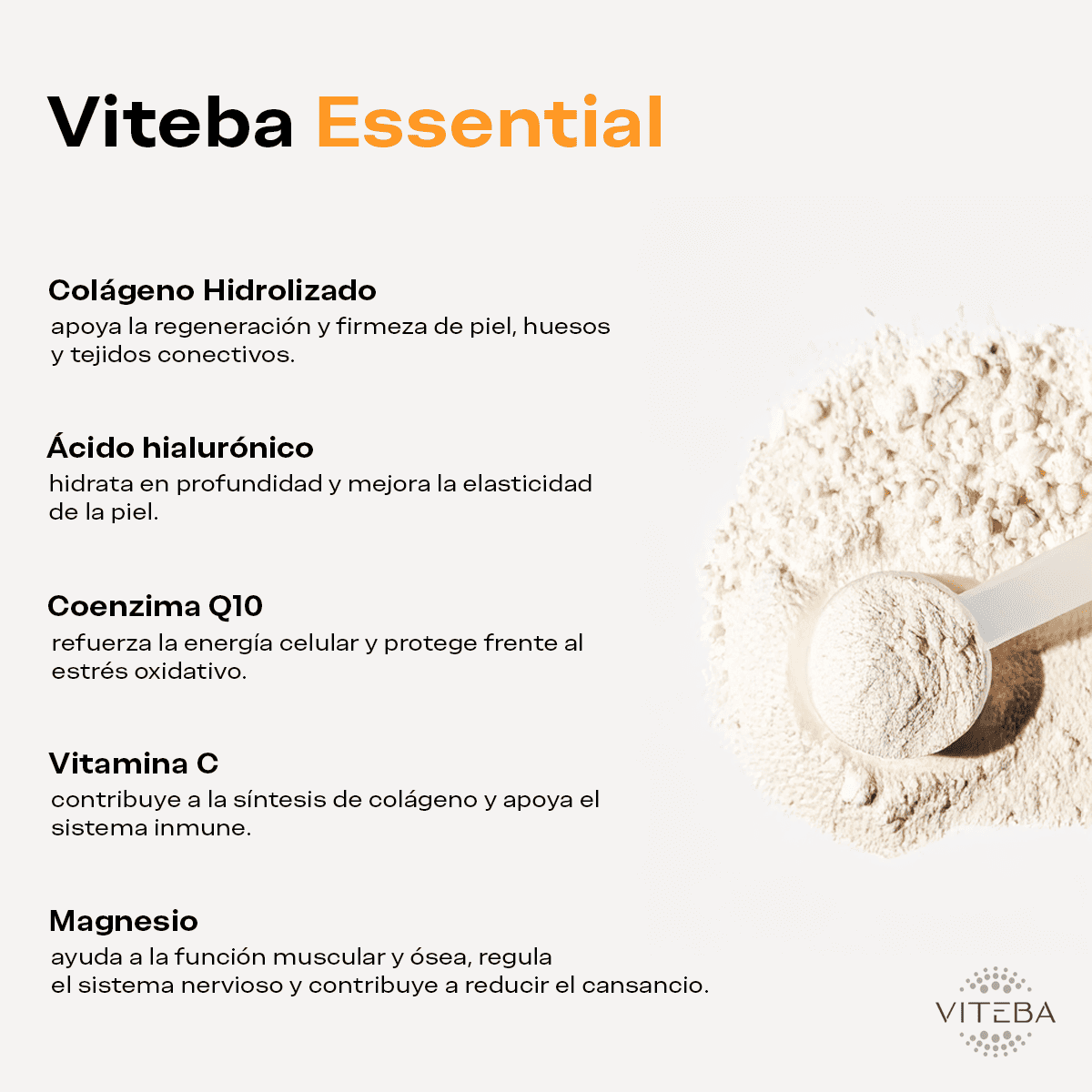 Viteba Colágeno Hidrolizado Essential en polvo 330 g + Ácido Hialurónico + Coenzima Q10 + Magnesio │ SIN sabor NI olor_3