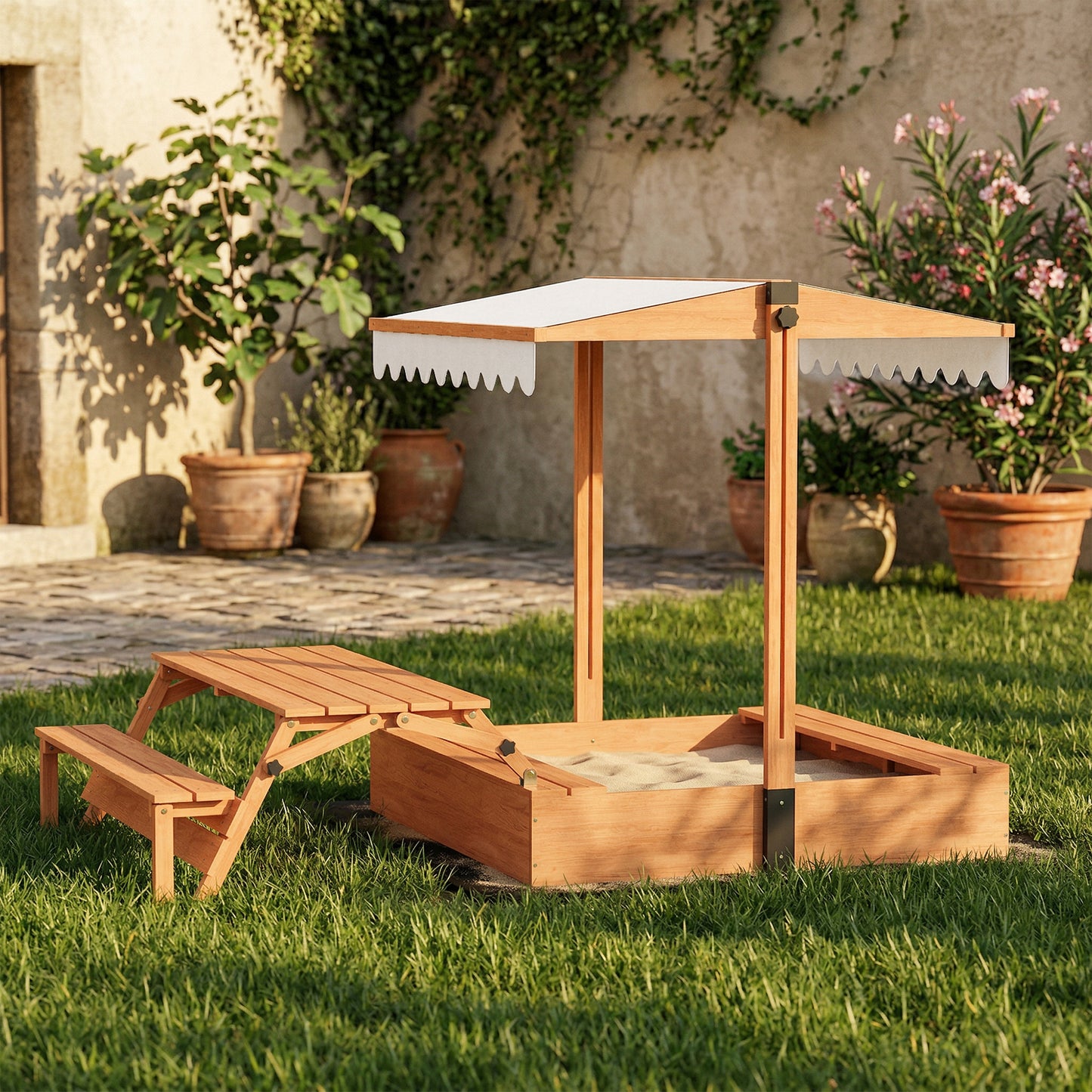 Aiyaplay Arenero Para Niños De Madera Con Toldo Ajustable Mesa Con Bancos Marrón_1