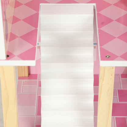 Aiyaplay Casa De Muñecas De Madera 3 Pisos Con Balcón Escaleras 10 Muebles Rosa_3