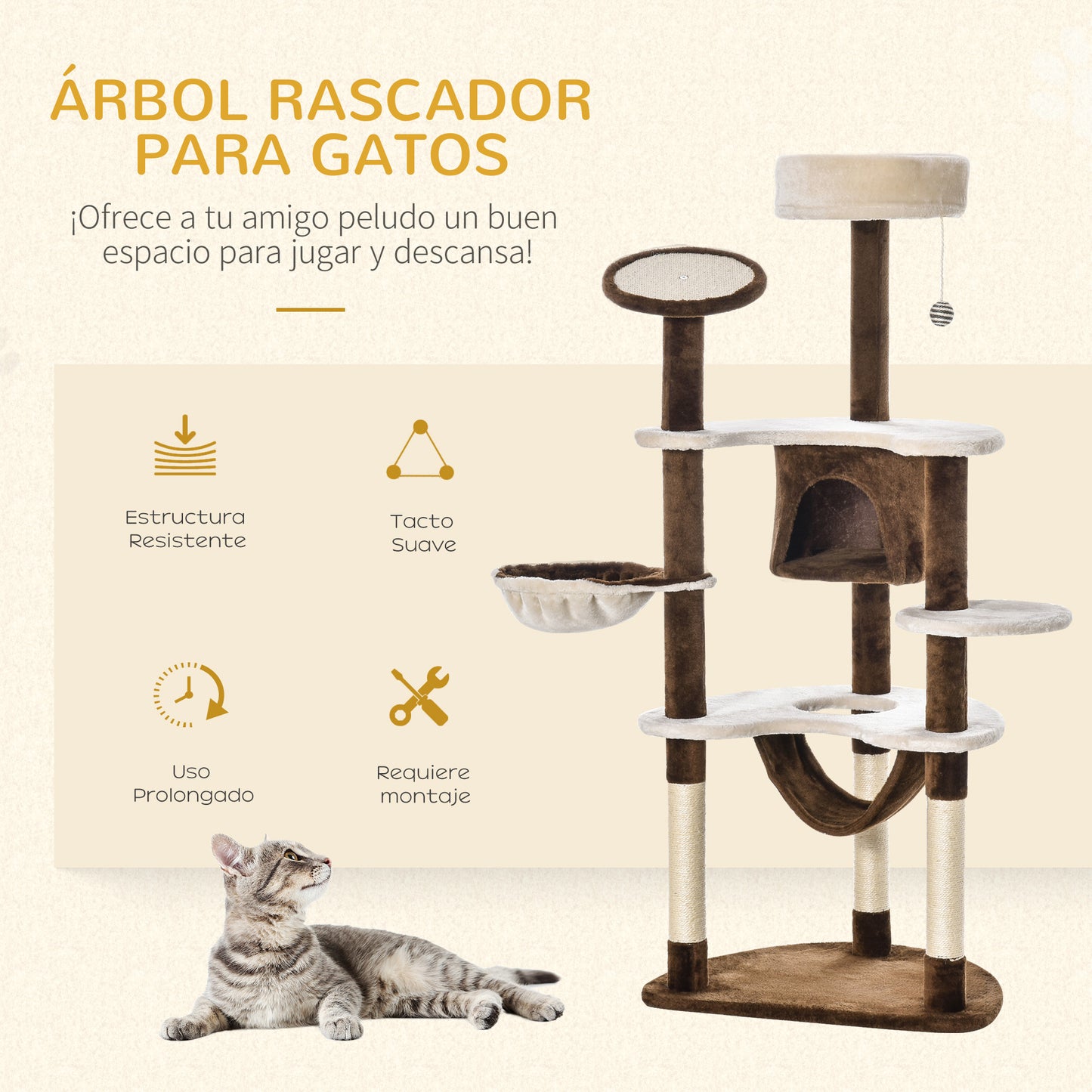 Pawhut Árbol Rascador Para Gatos Grande 65x50x153 Cm Con Hamaca Marrón_3