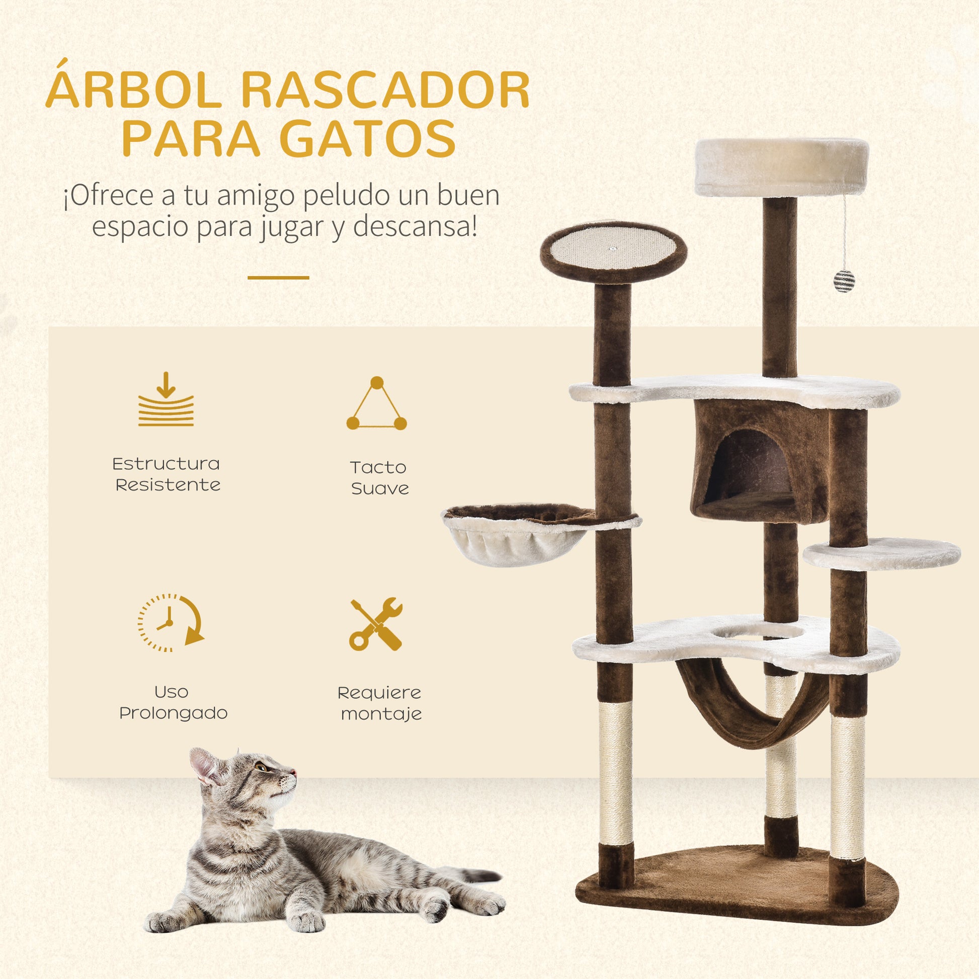 Pawhut Árbol Rascador Para Gatos Grande 65x50x153 Cm Con Hamaca Marrón_3