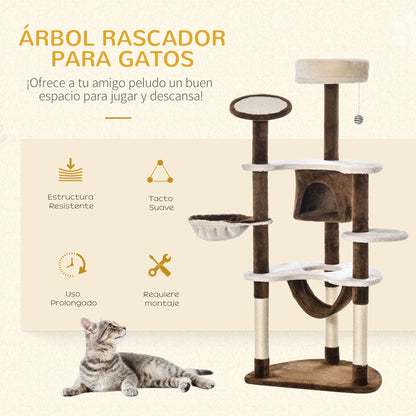 Pawhut Árbol Rascador Para Gatos Grande 65x50x153 Cm Con Hamaca Marrón_3